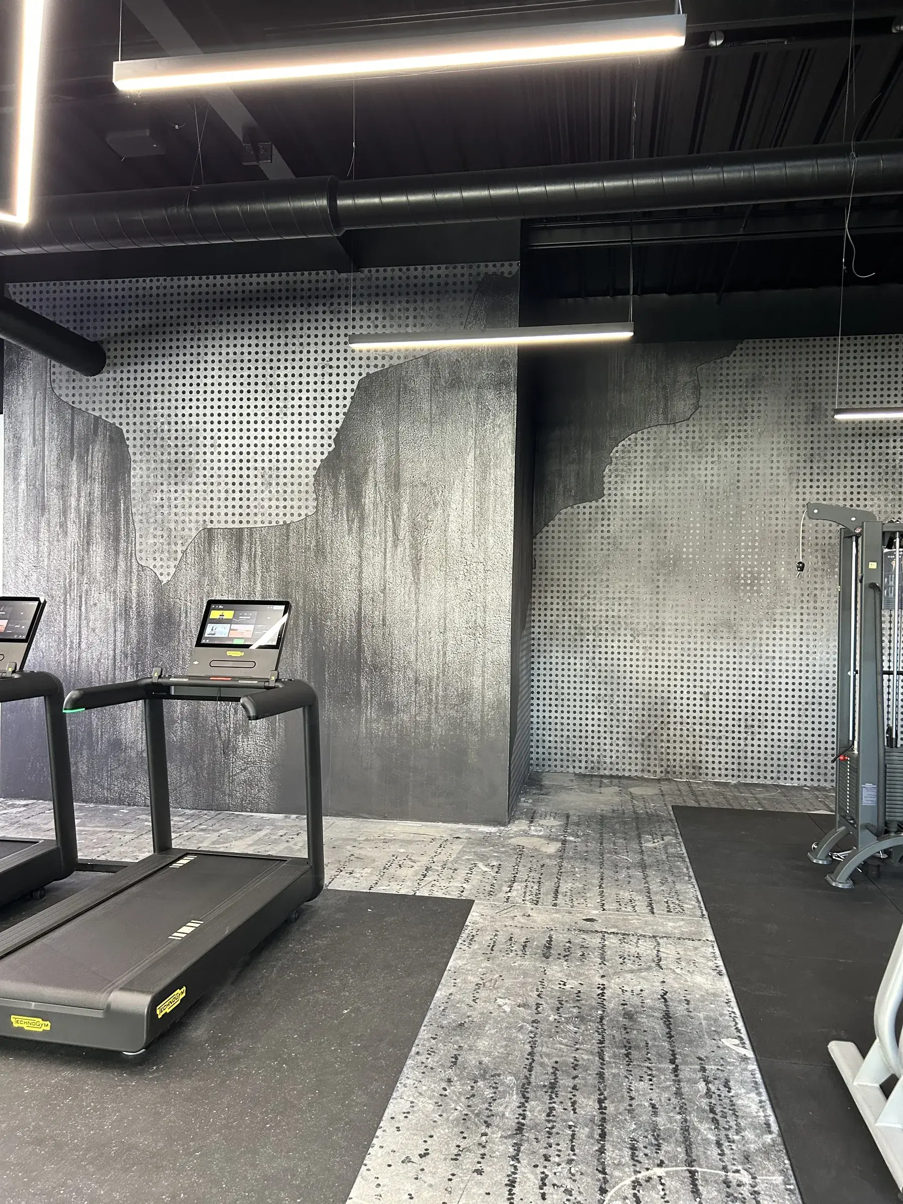 Tapis de course devant un mur de salle de sport habillé d'un décor imprimé effet béton et métal perforé, éclairage par rampes suspendues